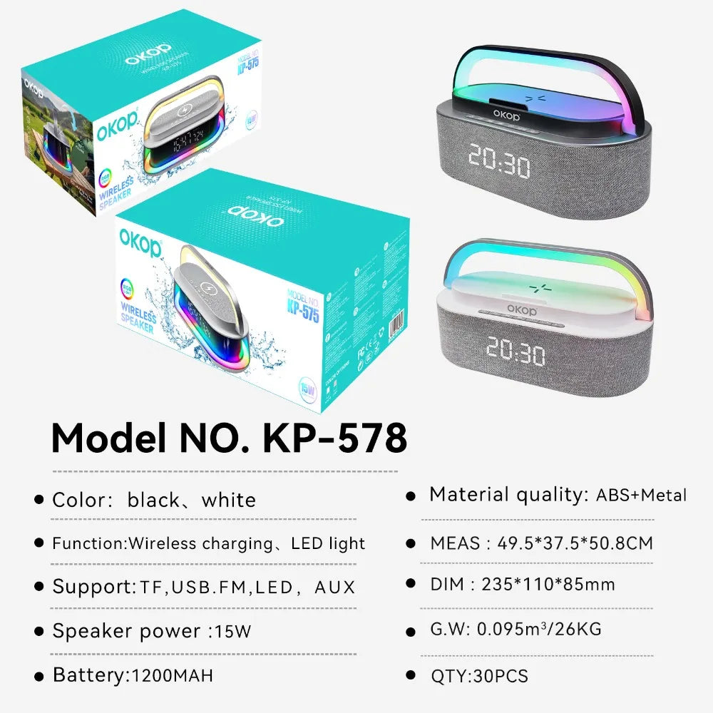 Bluetooth Speakers,6 in 1 Multi-Function,Alarm Clock, Wireless Charger RGB Night Light , Audio,Portable Speaker,White Noise