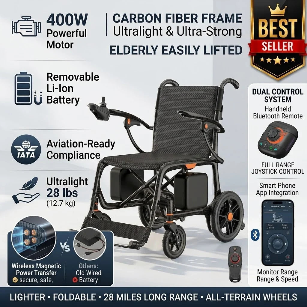 Carbon Fiber Foldable Electric Wheelchair – 28 lbs, 28-Mile Range