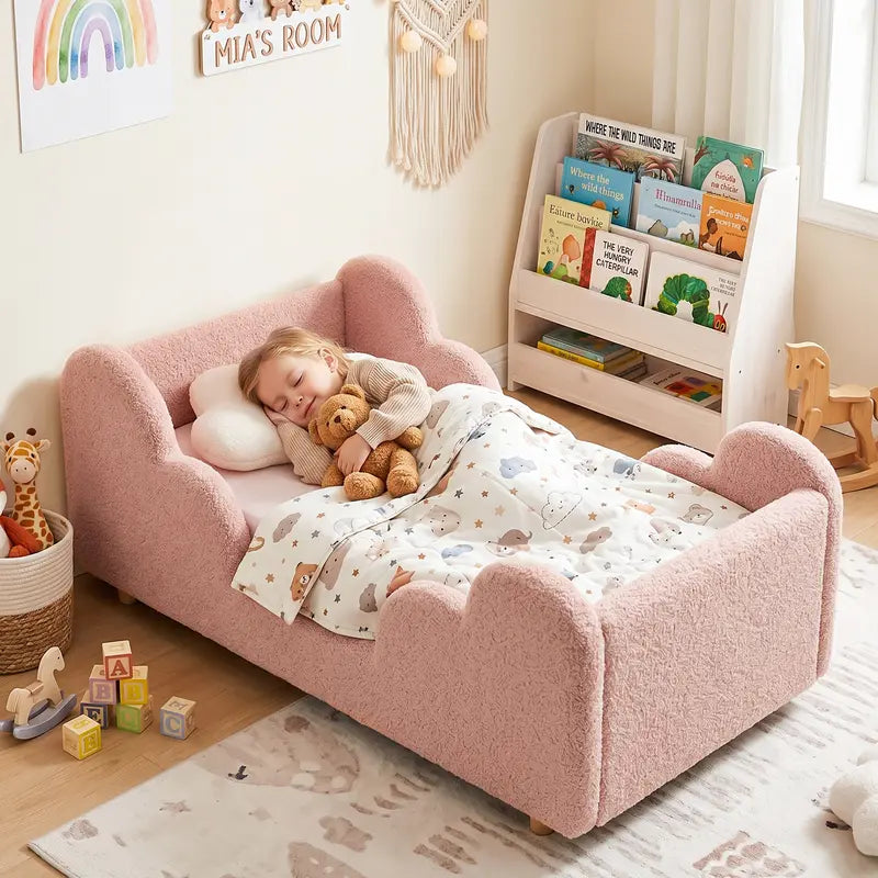 Toddler bed frame with removable safety guardrails; mattress not included