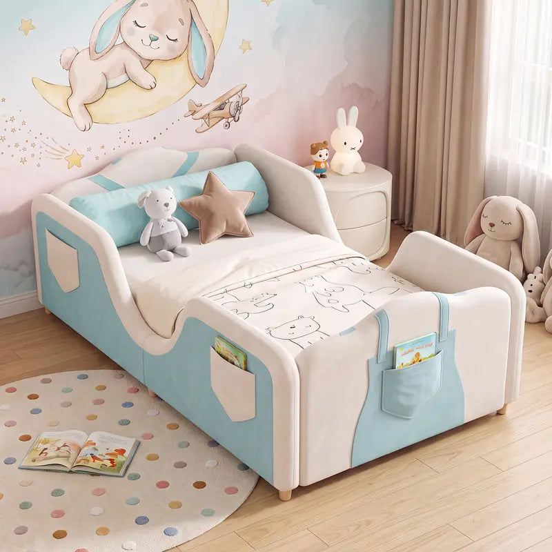Toddler bed frame with removable safety guardrails; mattress not included