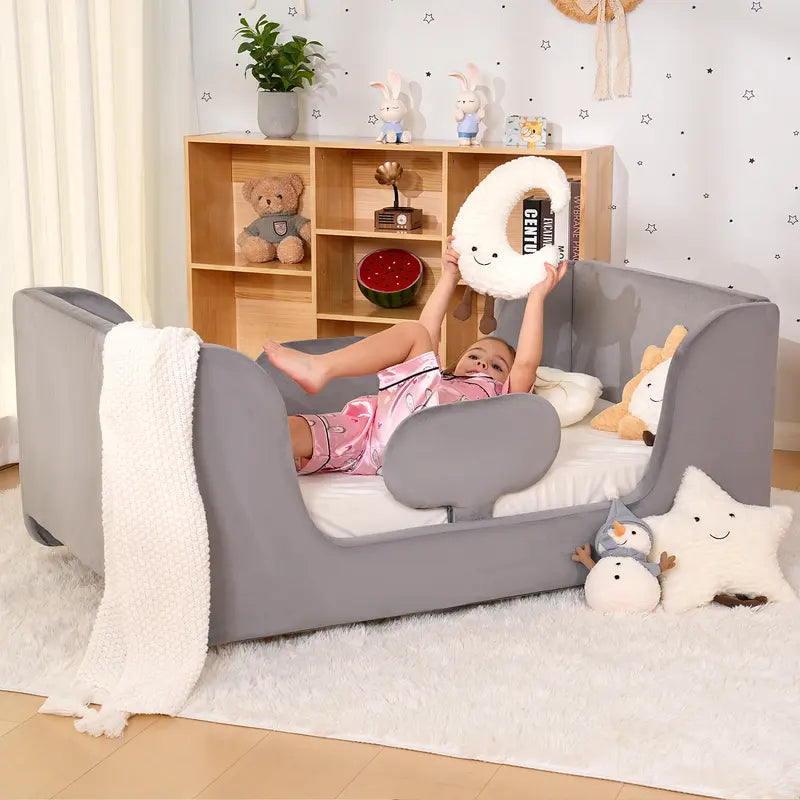 Toddler bed frame with removable safety guardrails; mattress not included