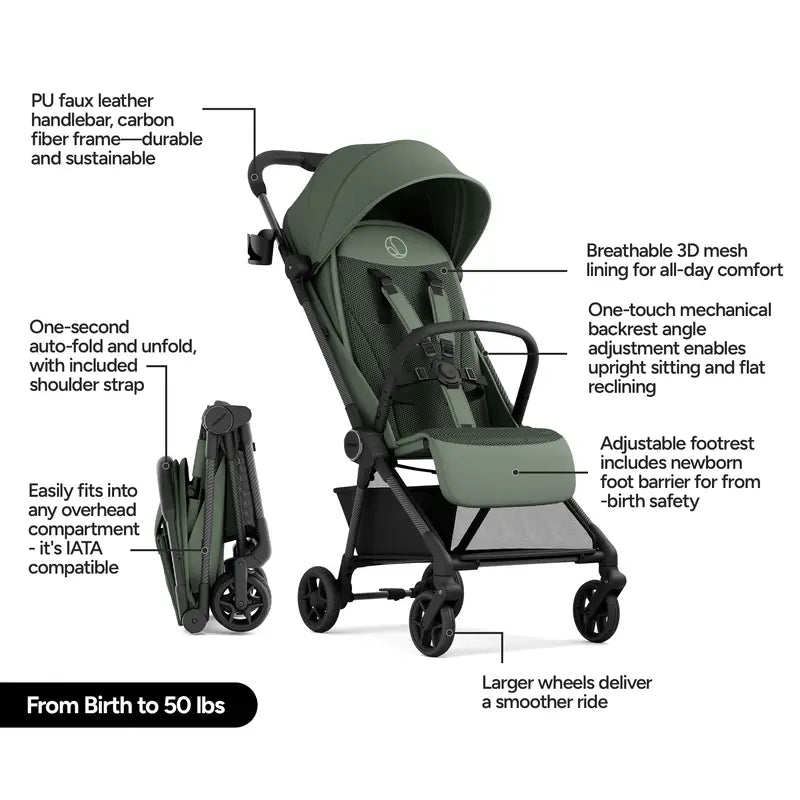 11.5 lbs Lightweight Travel Stroller | One-Second Auto Fold | Airplane Carry-On Compatible | Full Recline