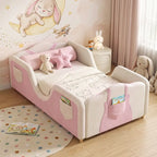 Toddler bed frame with removable safety guardrails; mattress not included