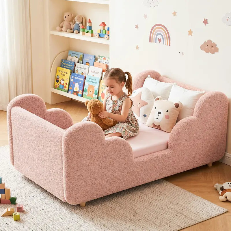 Toddler bed frame with removable safety guardrails; mattress not included