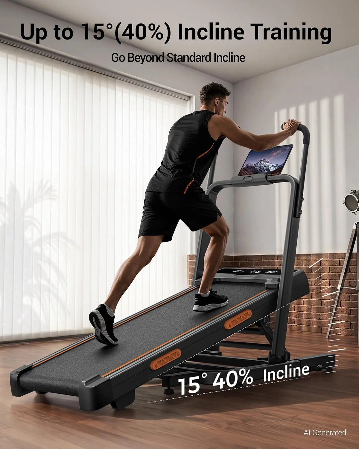 Walking treadmill featuring 40% incline adjustment and raised dual handrails