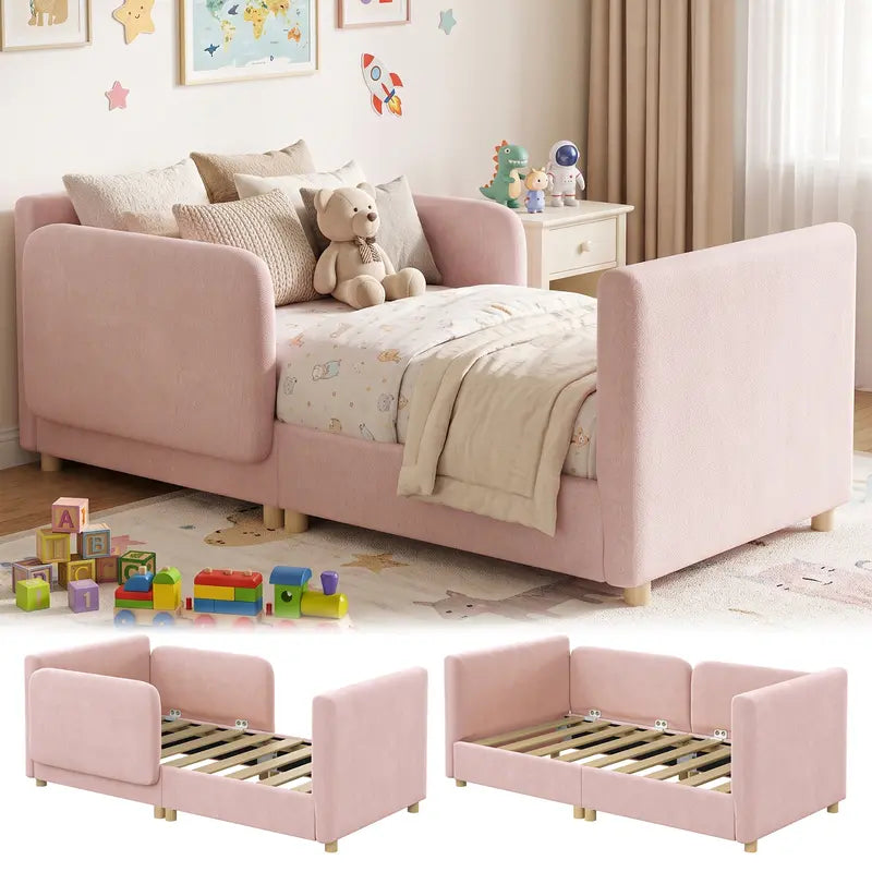 Toddler bed frame with removable safety guardrails; mattress not included