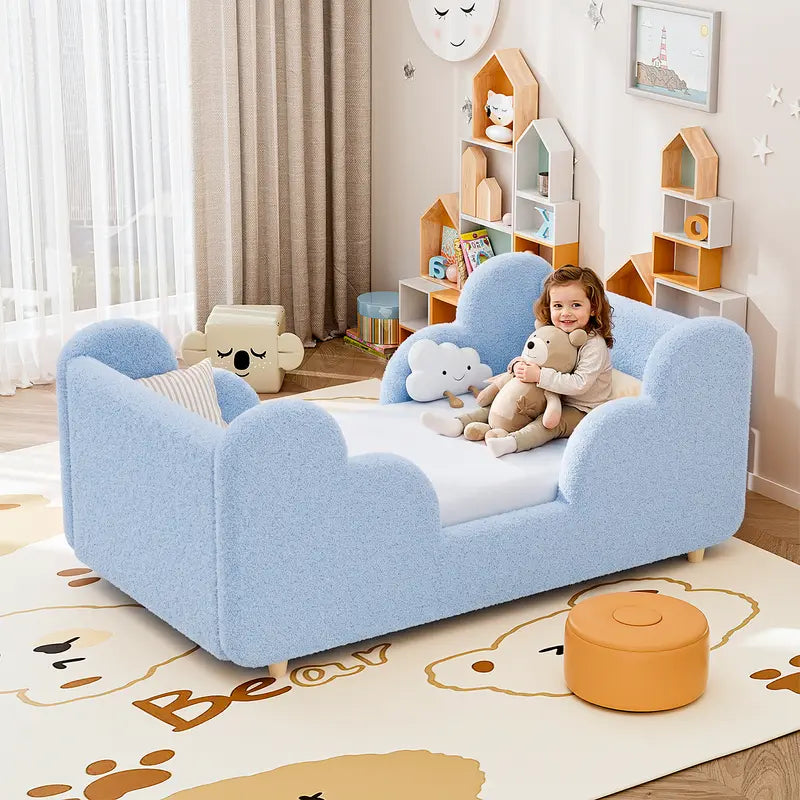 Toddler bed frame with removable safety guardrails; mattress not included