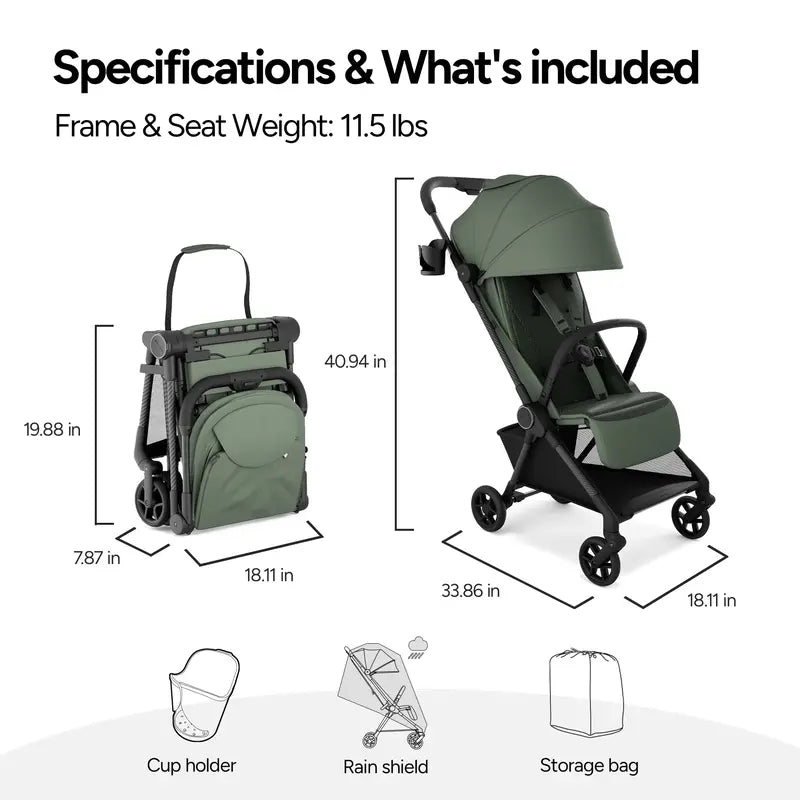 11.5 lbs Lightweight Travel Stroller | One-Second Auto Fold | Airplane Carry-On Compatible | Full Recline