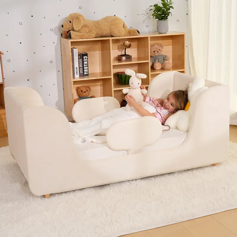 Toddler bed frame with removable safety guardrails; mattress not included