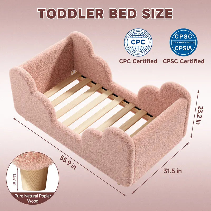 Toddler bed frame with removable safety guardrails; mattress not included