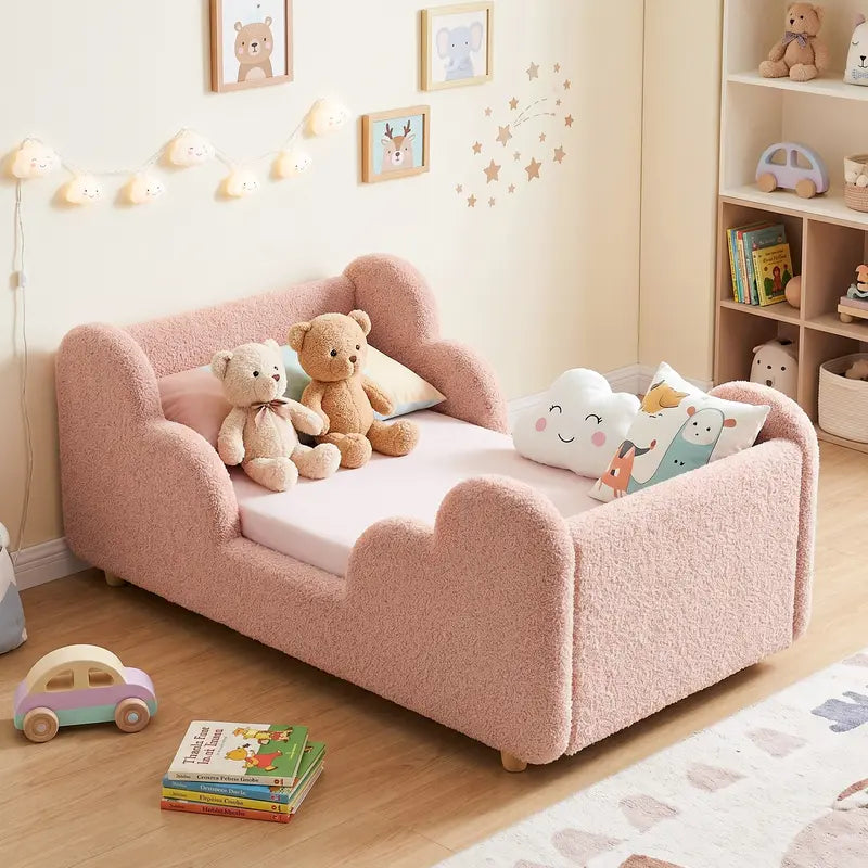 Toddler bed frame with removable safety guardrails; mattress not included