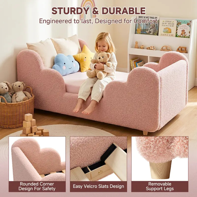 Toddler bed frame with removable safety guardrails; mattress not included