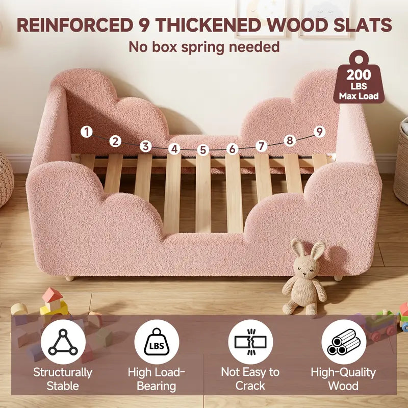 Toddler bed frame with removable safety guardrails; mattress not included