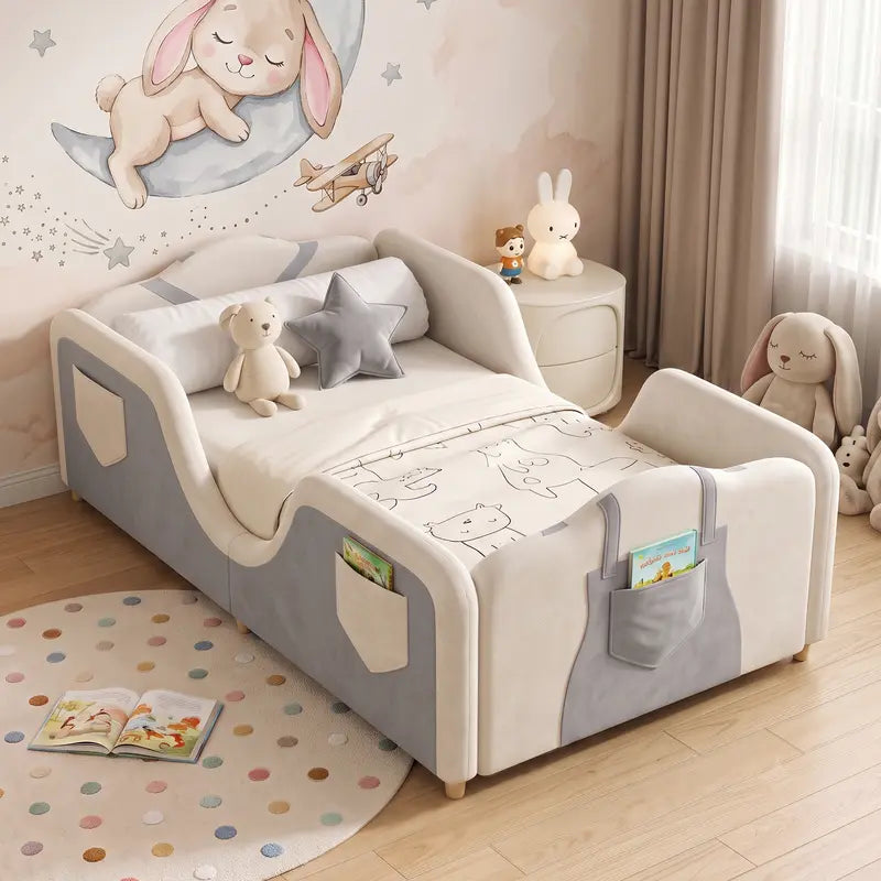 Toddler bed frame with removable safety guardrails; mattress not included