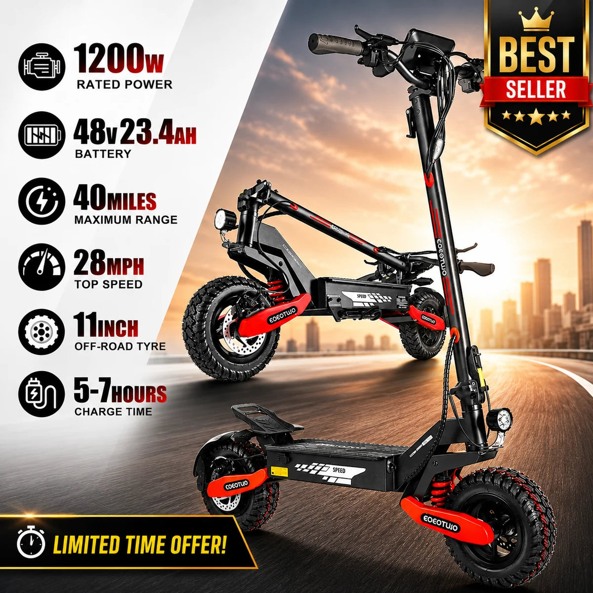 1200W Long-Range Electric Scooter for Adults – 40-Mile Range, 28 MPH Top Speed, 330 lb Weight Capacity