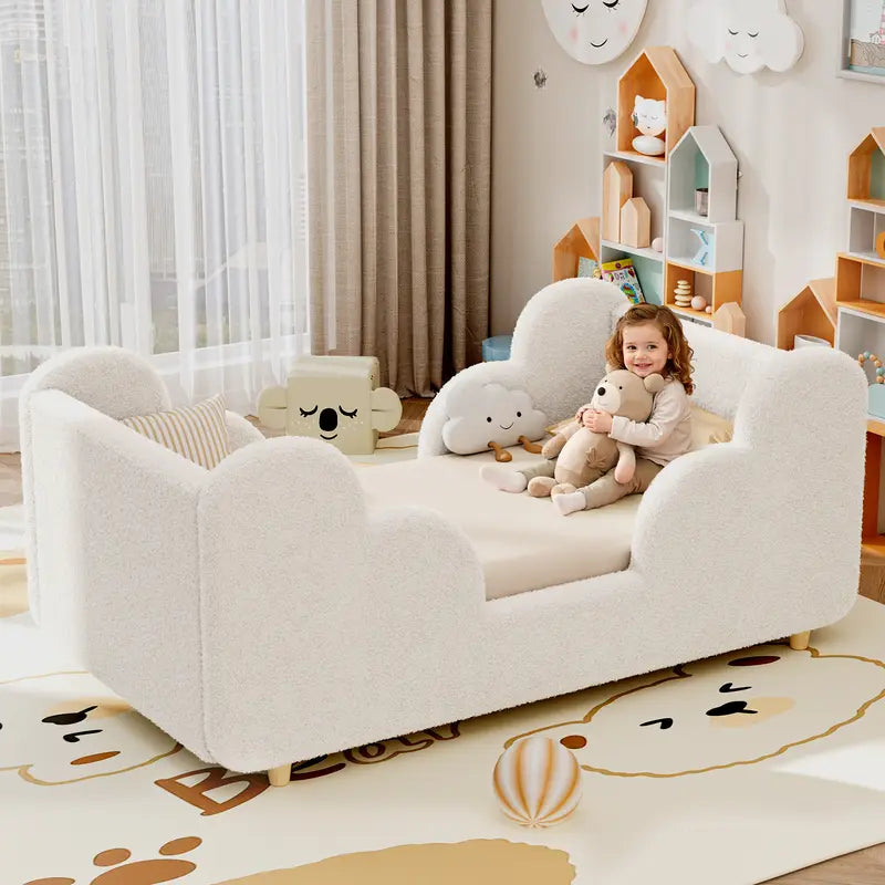 Toddler bed frame with removable safety guardrails; mattress not included