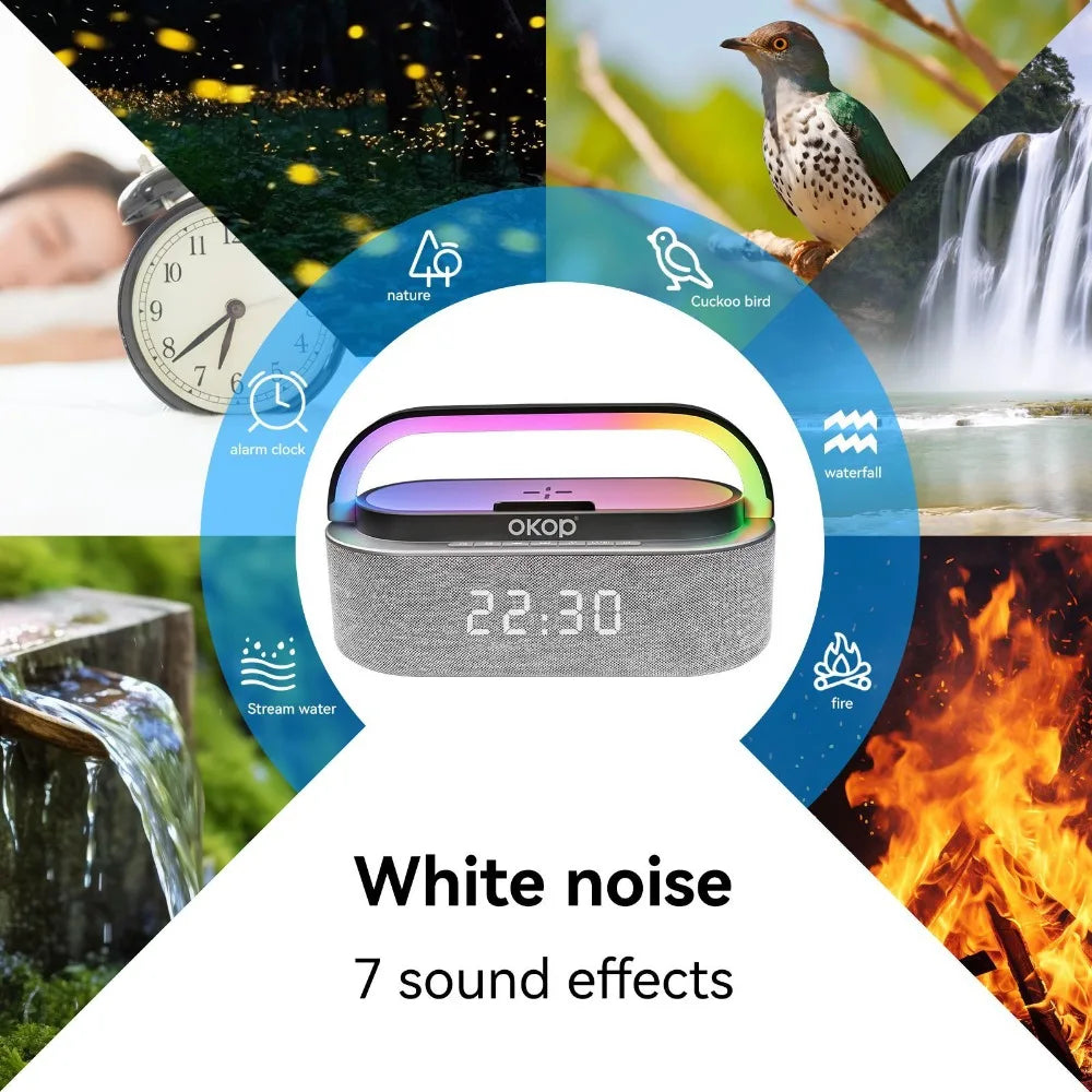 Bluetooth Speakers,6 in 1 Multi-Function,Alarm Clock, Wireless Charger RGB Night Light , Audio,Portable Speaker,White Noise
