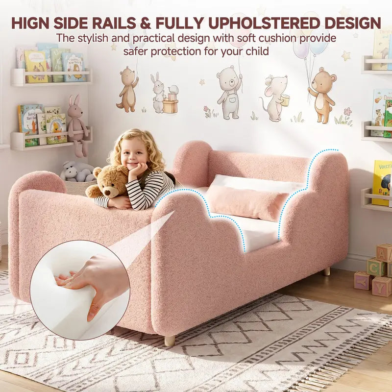 Toddler bed frame with removable safety guardrails; mattress not included