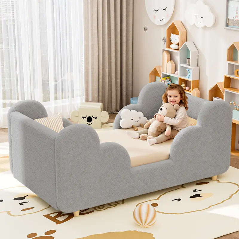 Toddler bed frame with removable safety guardrails; mattress not included