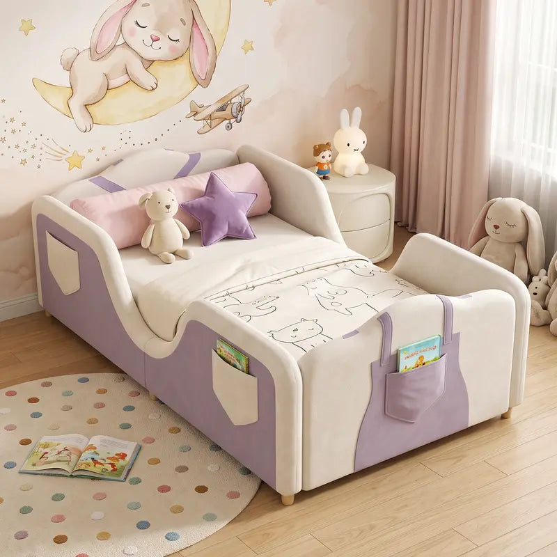 Toddler bed frame with removable safety guardrails; mattress not included
