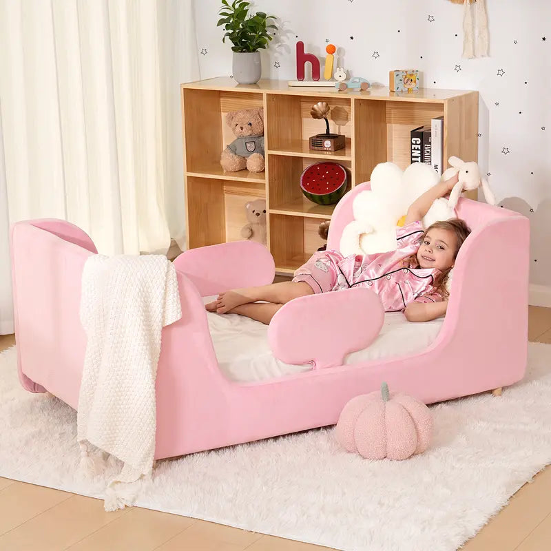 Toddler bed frame with removable safety guardrails; mattress not included